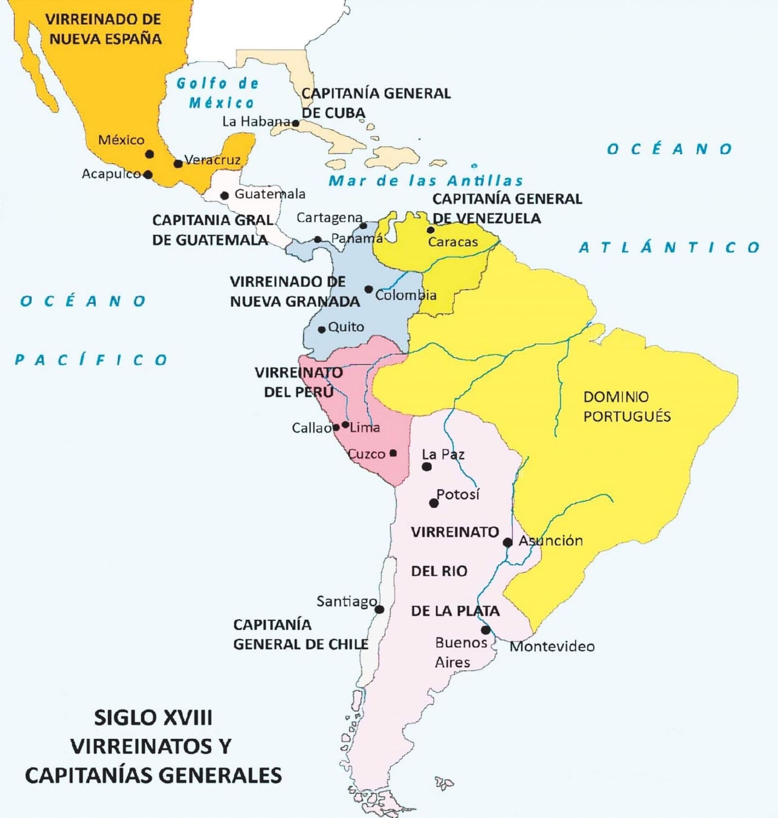 Mapa histórico de América durante el período colonial, cuando los territorios del continente estaban vinculados principalmente con las monarquías española y portuguesa.